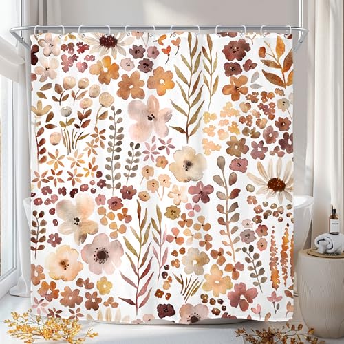 Riyidecor Fall Autumn Shower Curtain for Bathroom Decor 72Wx72H Cute Floral Flower Nature Watercolor Rustic Botanical Plant Herbs Art Printed Fabric Polyester Waterproof 12 Pack Plastic Hooks - color: D-burnt Orange, size: 72"W x 72"L (Pack of 1)