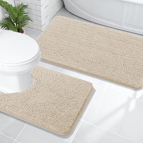 OLANLY Bathroom Rugs Sets 2 Piece, Soft Absorbent Chenille Bath Mats and U-Shaped Contour Toilet Mat Area Rug Set, Machine Washable Bath Carpet, Home Decor Accessories(47"x20"+24"x20", Sand) - color: Sand, size: 47" X 20" + U24" X 20"