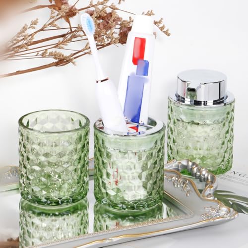 Bathroom Accessories Set, 3pcs Green Glass Bathroom Accessory Set,Toothbrush Holder, Foaming Soap Dispenser and Tumbler, Silver Bathroom Decor Sets for Organizer, Home Apartment Gift - color: Green and Silver