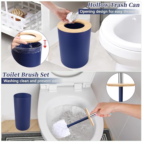 SLDIYWOW Blue Bathroom Accessories, 9-Piece Navy Blue Bathroom Accessories with Trash Can,Tray,Soap Dispenser,Toothbrush Holder,Toothbrush Cup,Soap Dish,Toilet Brush and Q-tip Holders for Bathroom - color: Navy Blue