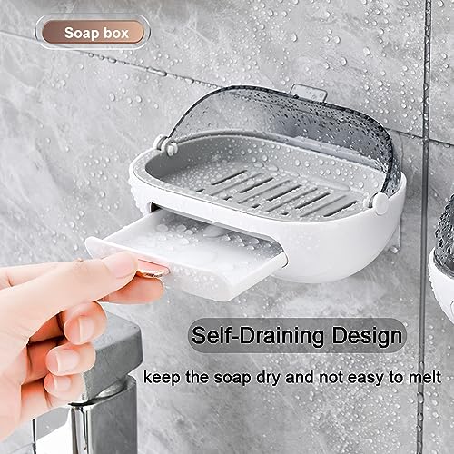 1Pc Shower Soap Dish Holder with Lid, Bar Soap Holder with Drain, Wall Mounted Soap Box Container for Shower, Bathroom, Bathtub, Kitchen Sink, Adhesive Included - color: 1pc Wall-mounted