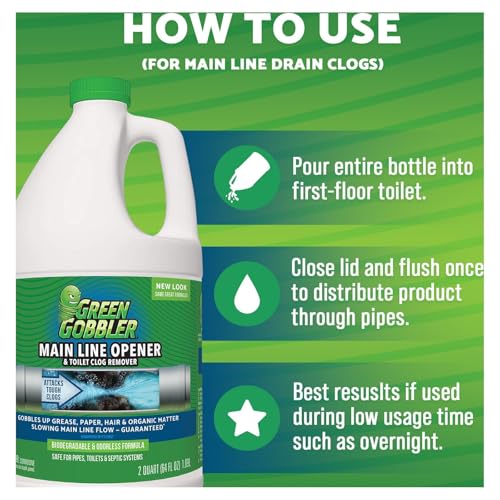 Green Gobbler Ultimate Main Drain Opener | Drain cleaner Hair Clog Remover | Works On Main Lines, Sinks, Tubs, Toilets, Showers, Kitchen Sinks | 64 fl. oz.