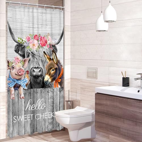 Newsely Small Stall Rv Farmhouse Highland Cow Shower Curtain 36Wx72H Inch Narrow Single Funny Rustic Western Animal Shower Curtain Bathroom Set Wooden Waterproof Bath Decoration Accessories Home Decor - color: A-02cow, size: 36"W x 72"L (Pack of 1)