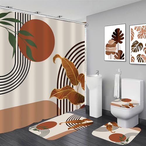 LQCOOL 4Pcs Boho Mid Century Shower Curtain Set, Modern Minimalist Bathroom Sets, Abstract Geometric Bathroom Sets with Shower Curtain and Rugs, Shower Curtain with 12 Hooks - color: Brown Black
