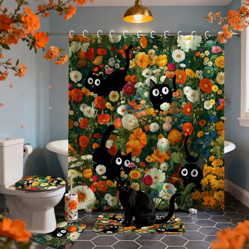 Tatuo 8 Pcs Black Cat Themed Shower Curtain Sets for Bathroom Cute Floral Aesthetic Bathroom Accessories Retro Cat Lover Gifts Shower Curtain Sets with Towels Carpet Bath Mat Toilet Rugs and 12 Hooks - style: Black Cat