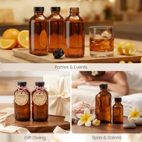 TBWIND 24 Pack 8oz Amber Glass Boston Round Bottles with Airtight Caps | Designed for Homemade Vanilla Extract, Tinctures, Juice, Syrups, Kombucha & Herbal Liquids with Droppers, Labels & Funnels - size: 8oz