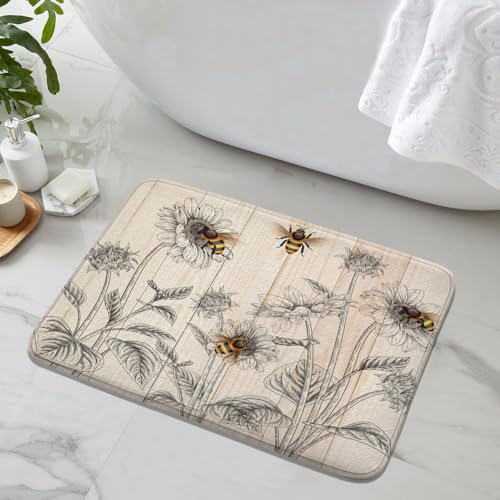 Country Bee Farmhouse Honeybee Flowers Floral Sunflower Bath Rug, Non-Slip Microfiber Soft Plush Modern Bathroom Mat Carpets Floor Mat for Bedroom Kitchen Bathroom Toilet 17x29 Inch - color: Yellow