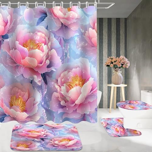 DDQQ 4Pcs Floral Shower Curtain Set Pink Flower Bathroom Sets with Shower Curtain and Rugs, Glitter Flowers Shower Curtain Set, Bathroom Decor Set, Bathroom Rugs Set Toilet Lid Cover Hooks - color: Pink Blue