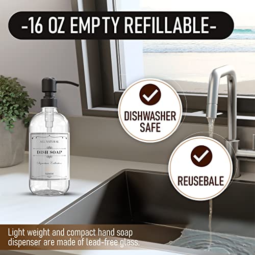 Sunrise Premium 2 Pack Clear Glass Soap Dispenser 16 OZ with Matte Black Stainless Steel Pump, Hand and Dish Soap Dispenser Set for Bathroom and Kitchen Sink with 6 Waterproof Labels - color: Matte Black Ss Pump - Clear Glass