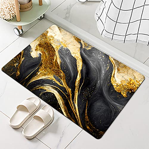 Diatomaceous Earth Bath Mat,Black Grey Gold Marble Texture Non-Slip Volume Super Absorbent Fast Drying for Bathroom Kitchen Door mat,Eco-Friendly Easy to Clean 16×24Inch (40 * 60cm) - color: Black Grey Gold Marble Texture, size: 1'4" x 2'0" (Rectangular)