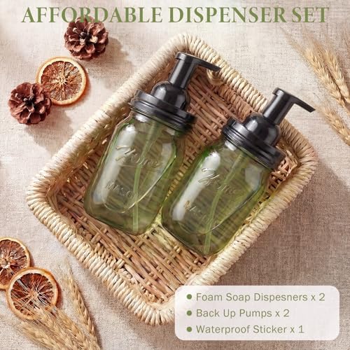 Amolliar Plastic Mason Jar Foaming Soap Dispenser Pump Lid, 16oz Foam Soap Dispenser with Cute Lables - Green Refillable Hand Soap Dispenser for Bathroom Kitchen Shower (2 Pack, Black) - color: Black