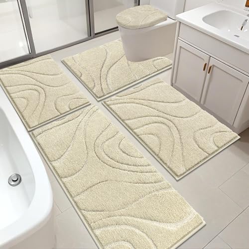 HEBE Bathroom Rugs Sets 5 Piece, Soft Absorbent Microfiber Bath Mat for Bathroom, Non Slip Washable Bath Rug Set with Toilet Cover, Bath Runner and U-Shaped Contour Toilet Rug, Light Beige - color: Light Beige, size: 18"x26"+20"x32"+20"x48"+U20"x24"+Cover