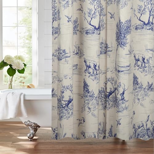 MUGINYU French Toile de Jouy Shower Curtain Linen 72x72 - Blue Countryside Landscape with Sheep, Dogs, Trees, Farmhouse Bath Decor - color: Toile De Jouy Dog