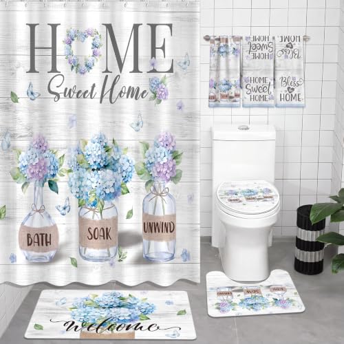 Haull 7 Pcs Blue Hydrangea Shower Curtain Sets Home Sweet Home Bathroom Set with Shower Curtain and Non Slip Rugs Toilet Lid Cover Bath Mat Floral Towels for Farmhouse Country Summer Bathroom Decor - style: Blue Hydrangea