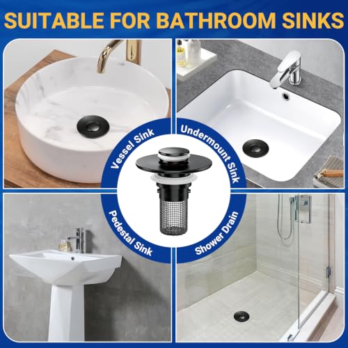 Bathroom Sink Drain Strainer, Pop-Up Bathroom Sink Stopper with Removable Stainless Steel Hair Catcher Basket, Universal Fit for US Bathroom Sinks, Showers & Floor Drains (1pcs-Black) - color: 1pcs-black