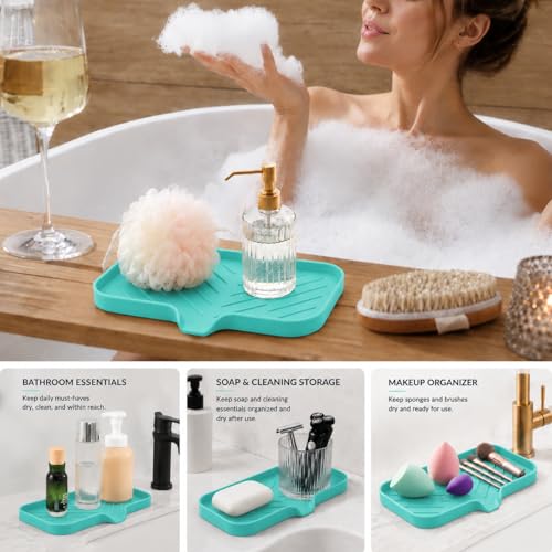 MicoYang Silicone Soap Dish with Drain Spout — Self-Draining Sink Organizer Tray for Bathroom & Kitchen, Sponges, Dispensers & Soap Holder, Non-Slip & Dishwasher Safe, Mint (Medium, 9.6"×5.3") - color: Mint, size: M(9.6"×5.3")
