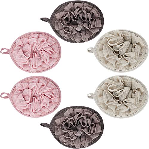 Boao 6 Pcs Bath Shower Pouf Sponge Mesh Pouf Shower Ball Exfoliating Body Sponge Pad Scrubber Glove with Flower Bath Ball (Khaki,Coffee,Pink) - style: Khaki,Coffee,Pink