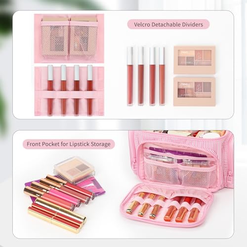 Large Makeup Bag, Portable Travel Makeup Bag Organizer for Women Girls with Makeup Brush Compartment & Two Side Pockets, Cosmetic Travel Bag Vertical Storage Toiletry Bag - Pink Stripe - color: 05-Pink Stripes, size: Medium