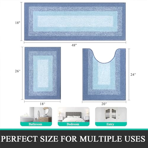 Bsmathom Microfiber Bathroom Rugs Sets 3 Piece, Non-Slip Absorbent Bath Mats, Soft Shaggy Bathroom Rugs with U-Shaped Toilet Rug Machine Washable Bath Rugs, Light Blue - color: Light Blue, size: 18"x26"+18"x48"+U Shape 20"x24"