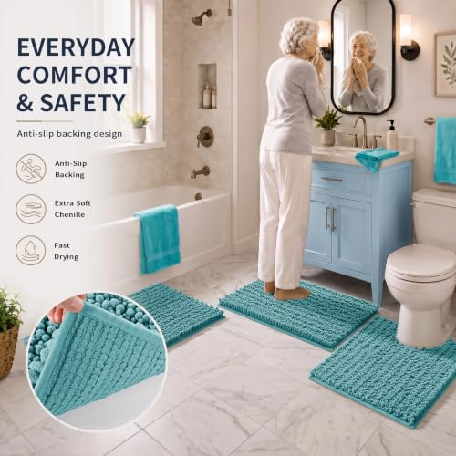 Yimobra Bathroom Rug Set 3 Piece - Super Absorbent Quick Dry Chenille Bath Mats & Toilet Rug, Non Slip Machine Washable, Extra Thick Shaggy Floor Mat for Shower Tub Sink, Teal Blue - color: Teal Blue, size: 24"x20" + 30"x20"+ 44"x24"