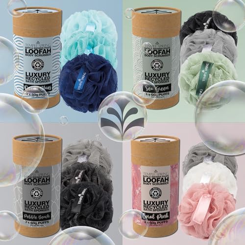 Temple Spring Soft Mesh Shower Loofah Sponge 3-Pack (60g Each) — Gentle Exfoliating Body Scrubber for Rich Lather & Smooth Skin, Bath Sponge for Women & Men, 100% Recycled Materials with Suction Hook