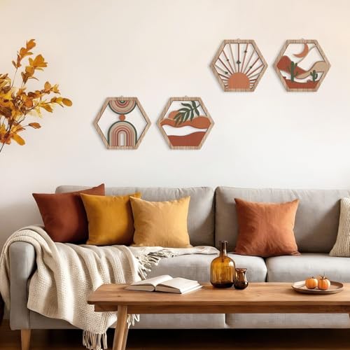 HPNIUB 4 Pcs Boho Wall Art Decor, Bohemian Geometric Hanging Wood Sign for Living Room, Aesthetic Abstract Desert Cactus, Minimalist Farmhouse Botanical Wooden Plaque for Apartment Bedroom(11''x9.8'') - color: Boho geometric