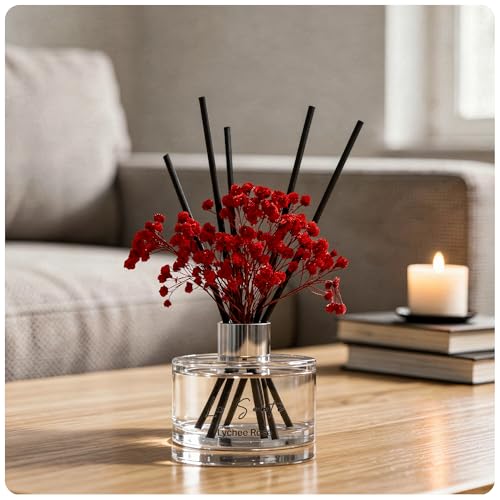 Reed Diffuser Set (6.7fl oz), Natural Lychee Rose Essential Oil Fragrance with Glass Bottle, Black Rattan Sticks & Preserved Flowers, Up to 120 Days Lasting Fragrance for Home & Office
