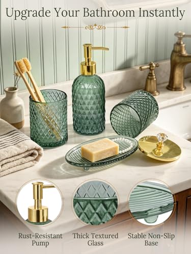 Haturi Bathroom Accessories Set, 4Pcs Sage Green Glass Bathroom Set Complete w/Bathroom Soap Dispenser Set, Toothbrush Holder, Qtip Holder, Soap Dish, Green Bathroom Decor, Gift for Home Apartment - style: Sage Green