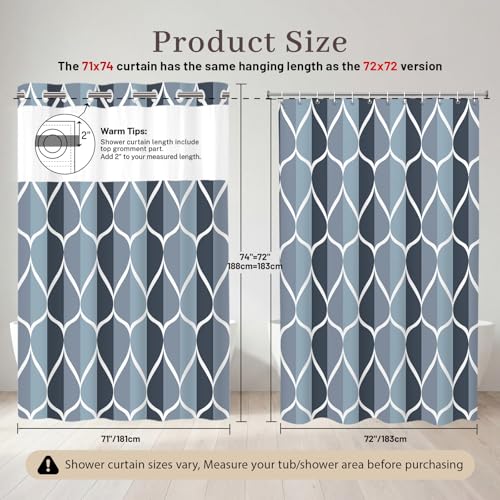 Yiatn No Hook Aegean Blue Shower Curtain with Snap in Liner Set - Hotel Style with See Through Mesh Top Window, Modern Geometric Waterdrop Design,Water-Repellent & Washable, 71x74 INCH - color: A. Aegean Blue, size: 71"W x 74"L (Pack of 1)