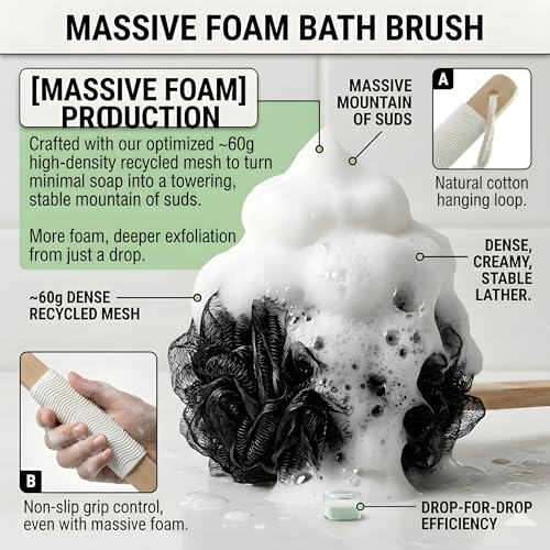 Long Handle Back Scrubber for Shower - About 16.5" Bath Brush with Non-Slip Grip - Body Loofah for Deep Exfoliation, Skin Polishing & Limited Mobility - color: White-rubber Black
