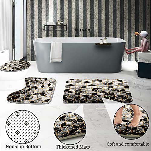Poedist 4 Pcs Bathroom Shower Curtain Set, Honeycomb Marble Bathroom Sets with Rugs(Bath Mat,U Shape and Toilet Lid Cover Mat) and 12 Durable Hooks - color: Black White
