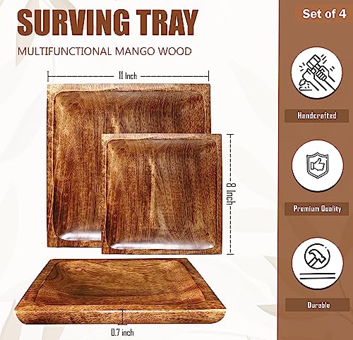 Wooden Plates for Food, Square Wooden Dinner Plates, Wood Plates Set of 4, Serving Plate, Mango Wood Plates Coffee Tea Snack Dessert Serving Tray Fruit Platters, Wood Charger Plates, 8" With 11" - color: Square Plates - Set of 4 - 8" with 11"