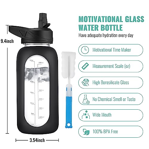 CIVAGO 40 oz Glass Water Bottle with Straw and Handle, Large Sports Motivational Water Bottle Flask with Time Marker and 2 Lids, Leakproof Water Jug Canteen with Silicone Sleeve for Gym, Beige - color: Beige, size: 40 Ounces