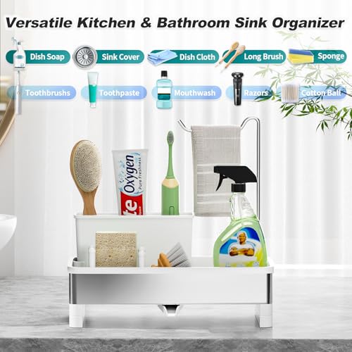 Ewaiira Sponge Holder for Kitchen Sink, Stainless Steel Sink Caddy with Brush Holder & Dishcloth Rack, Countertop Sink Organizer, Soap Dispenser Kitchen Organizers Storage Essentials (E-White 9.8″) - color: E-white