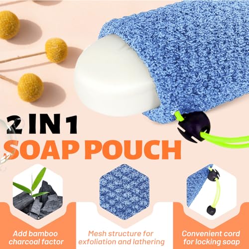 MIG4U Exfoliating Soap Bag for Shower 2 Pieces - Bar Soap Saver Pouch, Bamboo Body Scrubber Exfoliator Pocket in Travel Bathing, Blue - style: 1 exfoliation level - Blue