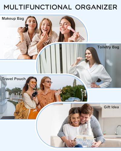 Relavel Travel Makeup Bag, Large Floral Cosmetic Bag with Makeup Brush Compartment, Portable Makeup Pouch for Women, Double Layer Makeup Organizer Bag Cute Toiletry Bag - color: 01-Blue Flower, size: LARGE
