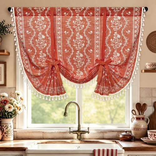 Yinhua Boho Tie Up Curtains for Windows Vintage Linen Valance Light Filtering Floral Valance Rod Pocket Rustic Adjustable Tassel Window Valances for Bathroom, 42" W X 45" L, Terracotta - color: Terracotta, size: 42"W x 45"L (Pack of 1)