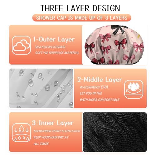 Luxury Shower Cap Terry Lined Reusable Triple Layer Waterproof Hair Elastic Caps Shower Bath Hat for Women Girls Cute Aesthetic-Pink Bowknot - color: AL20-Pink Bowknot