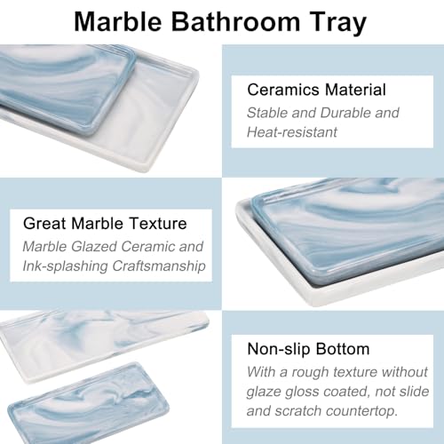 Uxcell 2-Pack Marble Ceramic Bathroom Vanity Tray, Blue, Rectangular, 2 Sizes (Small & Medium), Shatterproof & Heat-Resistant, Organizer for Soaps, Keys, Trinkets - color: Blue