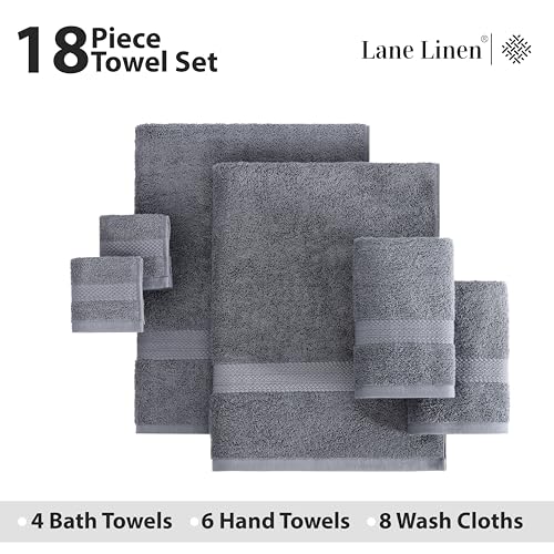 LANE LINEN 100% Cotton Towels for Bathroom - 18 Piece Family Pack - Super Soft & Quick Dry - 4 Bath, 8 Washcloth, 6 Hand Towels - Oeko TEX Certified, Machine Washable & Durable - Cool Grey - color: 01: Cool Grey, size: 18 Piece Towel Set