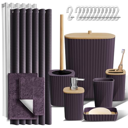 Clara Clark Bathroom Accessories Set - Bathroom Set, Bathroom Sets with Shower Curtain and Rugs, Shower Curtain Set with Trash Can - Purple - 22PC - color: Purple, size: Complete Set + Bath Rugs