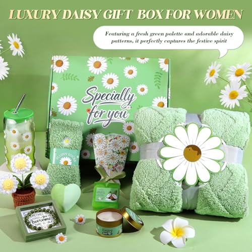 Self Care Gift Basket for Women with Blanket & Tumbler, Daisy Spa Gift Box | Birthday,Get Well Gifts for Women,Thinking of You Gifts Set for Mom, Wife, Sister, Best Friend