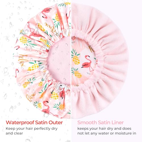 Shower Cap for Women Terry Lined Bath Cap Large Reusable Waterproof Elastic Band Pink Flamingo Shower Caps for Long Thick Hair Soft Bath Shower Hair Caps - color: Pink Flamingo