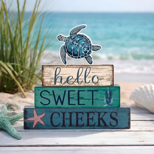Cinnvoice 4 Pcs Sea Turtle Bathroom Decor Farmhouse Bathroom Decoration Hello Sweet Cheeks Table Centerpiece Gift for Christmas Valentines Back to School - style: Sea Turtle Hello Sweet Cheeks