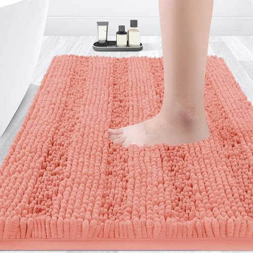 ACCUMTEK Striped Coral Bathroom Rug Mat 32"x20" Ultra Soft, Non Slip Chenille Bath Rugs, Absorbent Plush Shaggy Bath Mats for Bathroom, Bedroom, Kitchen, Shower, Tub - color: Coral, size: 1'8" x 2'8" (Rectangular)