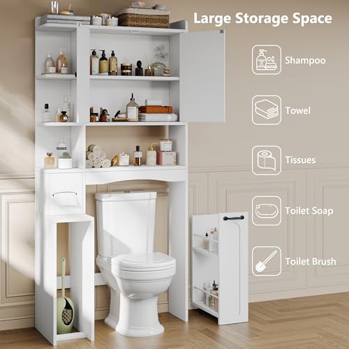 Einhomn Over The Toilet Storage Cabinet with Pulley, Space Saver Bathroom Organizer with Arched Doors & Open Shelves, Toilet Paper Holder Stand Toilet Rack for Bathroom, Restroom, Laundry, White