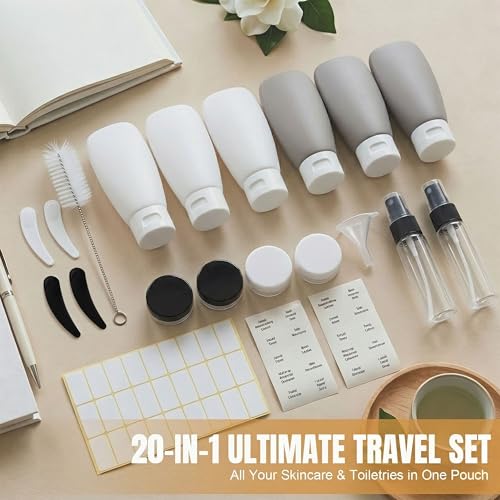 DEWSENSI 20 Pack Travel Bottles Set - TSA Approved Leak Proof Containers Kit for Toiletries - Portable Refillable Accessories for Shampoo, Conditioner, Lotion, Liquids (Black & White) - color: black & white