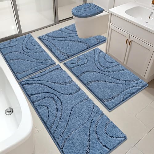 HEBE Bathroom Rugs Sets 5 Piece, Soft Absorbent Microfiber Bath Mat for Bathroom, Non Slip Washable Bath Rug Set with Toilet Cover, Bath Runner and U-Shaped Contour Toilet Rug, Dark Blue - color: Dark Blue, size: 18"x26"+20"x32"+20"x48"+U20"x24"+Cover19"x