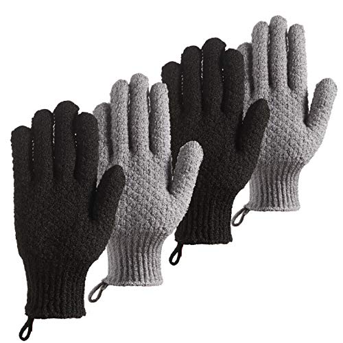 Bath Exfoliating Gloves - 4 Pcs Lengthened and Large Scrubbing Gloves for Shower, Spa, Massage - Scrub Mitts for Body, Face, Hand and Foot (Black and Gray) - color: Black and Gray
