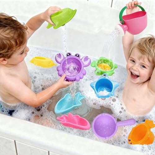 10 Pcs Bath Toys for Kids Ages 1-3, Bathtub & Pool Water Toys for Toddlers 1-3 & Babies 12-18 Months, Water Table Accessories with Floating Boats, Stacking Cups & Pouring Fun for Boys Girls - style: Boats Set